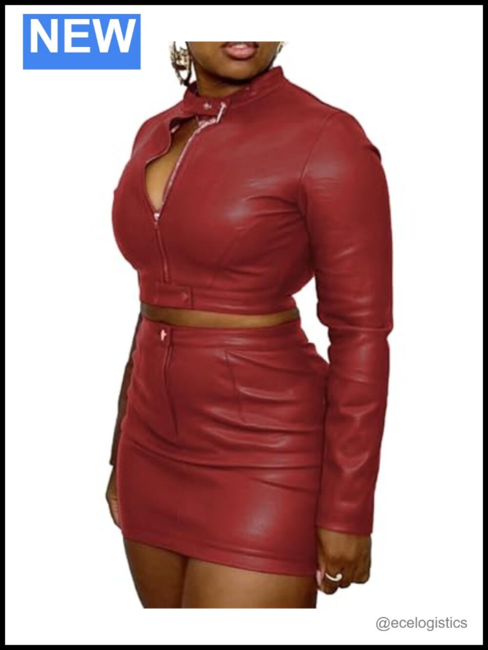 Faux Leather 2 Piece Crop Top Jacket Bodycon Skirt Set Clubwear